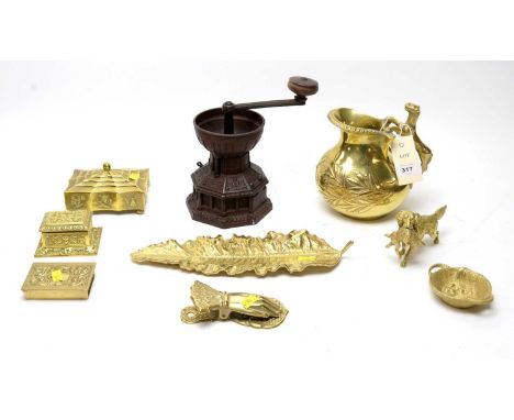 A selection of brass and metal wares, including: brass leaf form dish; brass figure of a retriever and hare; Victorian wall m