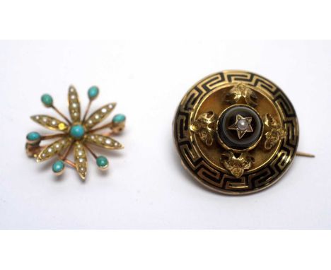 A Victorian memorium brooch, with seed pearl within star mount on banded agate cabochon, with black enamel Greek key border, 