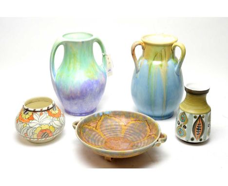 A selection of mid Century studio pottery wares, including: Charlotte Rhead for Crown Ducal floral decorated planter; blue an