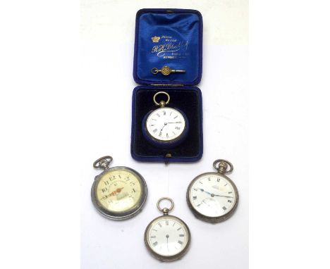 Two silver cased open faced fob watches, with enamel roman dial, one cased; a silver cased open faced pocket watch, the white