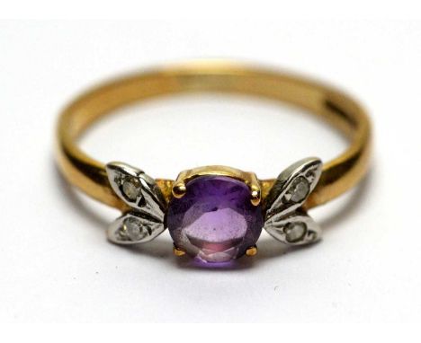 An amethyst and diamond ring, on 9ct yellow gold shank, ring size J, 1.4g gross. 