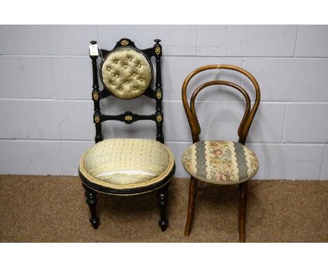 A Victorian ebonised and gold painted button back child’s chair, 40 x 49 x 77cms high; and an early 20th Century Bentwood chi