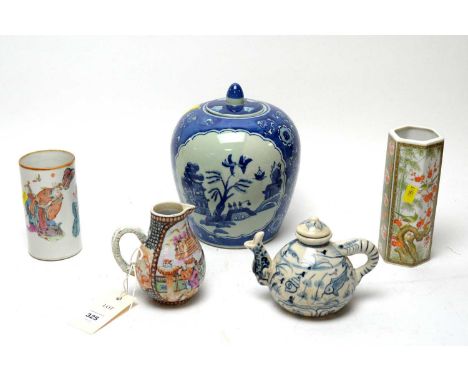 A selection of Oriental ceramic wares, including: Chinese blue and white ginger jar and cover; Chinese blue and white miniatu