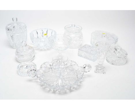 A selection of crystal and cut glass wares, including: Edinburgh Crystal jar with cover; octagonal cut glass box with cover; 