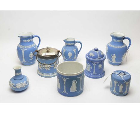 A selection of Ridgway pale-blue Jasperware, comprising: three jugs sprigged with angels and classical figures within an acor