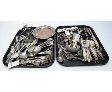 A selection of silver plated wares, including: circular tray with fruiting foliate border; silver plated chamber candlestick;