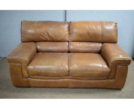 Land of Leather: a modern brown leather two-seater sofa, 177 x 99 x 93cms high.