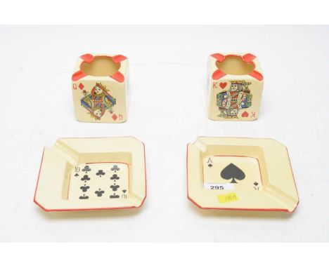 A set of Carlton Ware cubist poker playing card smokers ceramics, comprising a pair of cube form ashtrays, 7 x 7 x 7cms; and 