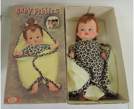 An Ideal Baby Pebbles Flintstones doll wearing leopard print suit and with blanket, in original box, hard vinyl head and limb