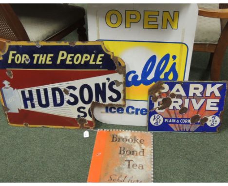 A single sided enamel metal advertising sign Hudsons Soap (piece missing); Brooke Bond Tea Sold Here sign; double sided ename