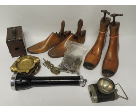 A large Safety Torch "Approved by Mines Dept Home Office"; Box Brownie camera; small hand torch; wooden shoe trees; bag of ol