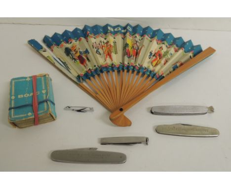 BOAC paper fan; a brooch and small pack of playing cards; a penknife State Express Cigarettes and two others