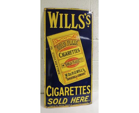 A good single sided enamel metal advertising sign Wills Gold Flake Cigarettes Sold Here, yellow/black/red on deep blue ground