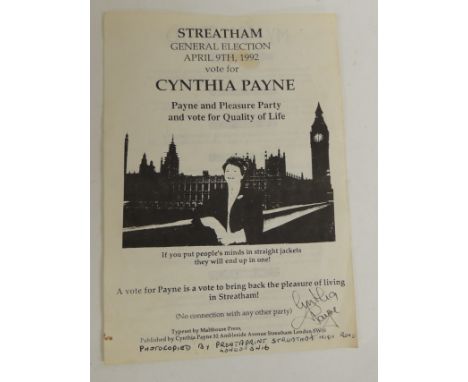 Cynthia Payne - a 1992 election leaflet signed by Cynthia Payne "Payne and Pleasure Party", Streatham, signed in black ink