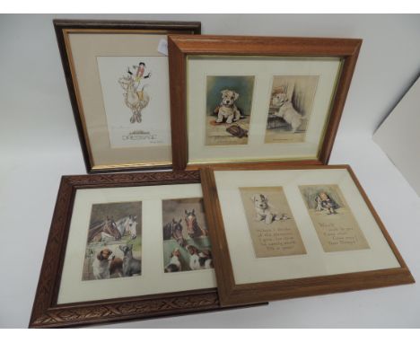 Four dog postcards by Mac and two horse and hound postcards, in three frames together with a signed Henry Brewis print "Dress