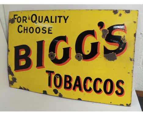 A single sided enamel metal advertising sign "For Quality Choose Biggs Tobaccos" black and red lettering on yellow 51cms x 76