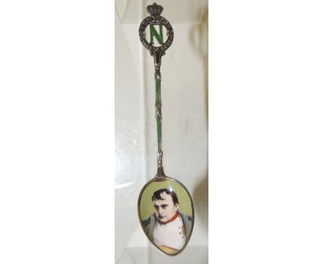 An 800 standard silver and enamel "Waterloo Napoleon" commemorative teaspoon, early 20th Century ++some loss of enamel to ste