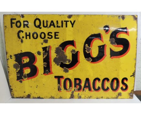 A single sided enamel metal advertising sign "For Quality Choose Biggs Tobaccos" black/red lettering on yellow ground, 50.5cm