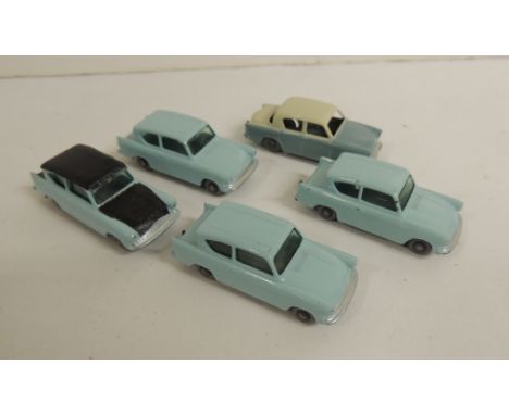 LESNEY - No.7 Ford Anglia light blue (3) another with added detail and a No.43 Hillman Minx, all unboxed(5) ++all very good a