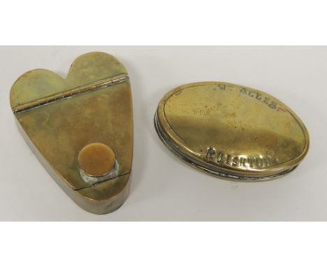 An oval brass snuff box stamped "W Allen Ruishton" 8cms wide and together with a simply made brass heart shaped shuff box (2)