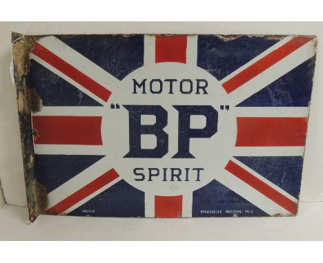 A double sided enamelled metal advertising sign "BP Motor Spirit" 41cms x 62cms together with a circular National Benzole Mix