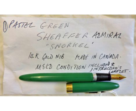 Pastel green Schaeffer 'Admiral' snorkel fountain pen. 14K gold nib. Made in Canada, in used condition, including instruction