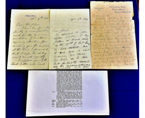 Major Gibbon - Military Surveyor Egypt and India. 1876 Letters (3) from 18 Belgrave square regarding references from Lord Sal