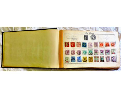 Old time excelsior World stamp album with mint and used mounted collection 1858 - 1915 noted G.B. And Commonwealth. G.B. Cata