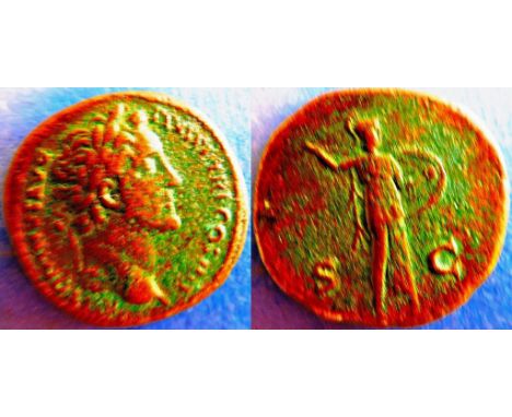 Antoninus Pius AD 138-161 AE Sestertius. Rev: S.C. Minerva advancing r., Brandishing javelin and holding shield. Sear 4220 Go