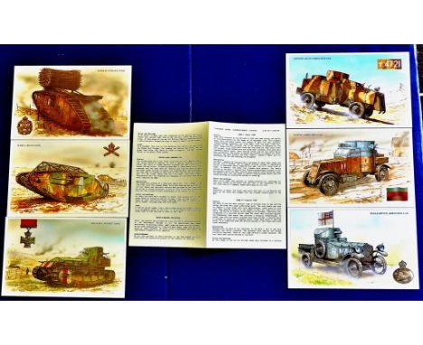 1989 Series of six colour cards entitled 'Tank and Armoured Cars of the British Army' WWI A.F.V.S., with information sheet.