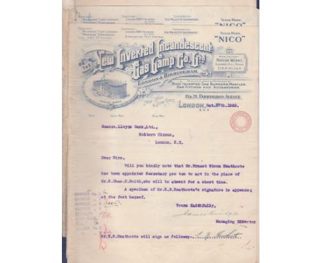 Gas Lamps  The New Inverted Incandescent Gas Lamp Co. Ltd., - engraved headed 1922 letter - Roslar works, Birmingham  (3).