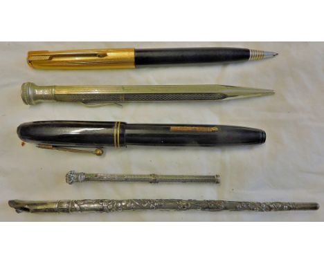 Mixed lot comprising 5 items, C.1900 white metal decorative dip pen with damaged nib holder; white metal propelling pencil ma