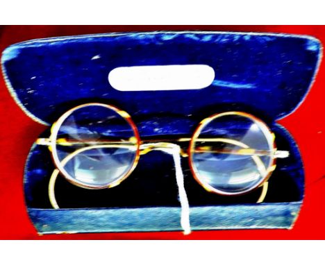 Vintage 1920's tortoiseshell-coloured cellulose covered gilt framed round spectacles, marked Pat.270031 1-2110CT. OBAC A In o