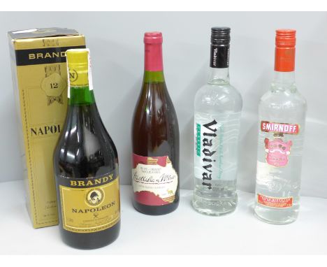 Four bottles of wines and spirits; Napoleon brandy, Smirnoff Vodka, Vladivar vodka and Australian Shiraz 