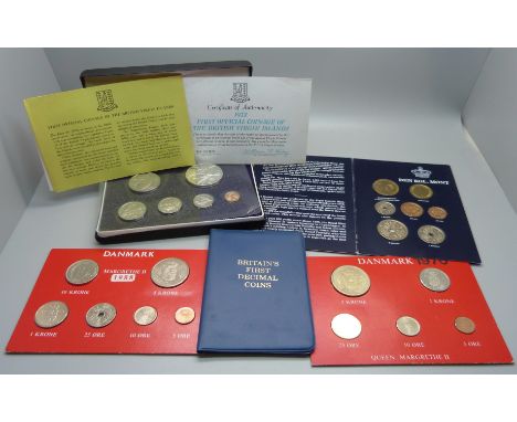 Coins; 1973 First Official Coinage of The British Virgin Islands proof set, a GB First Decimal Coins and three Danish sets, 1