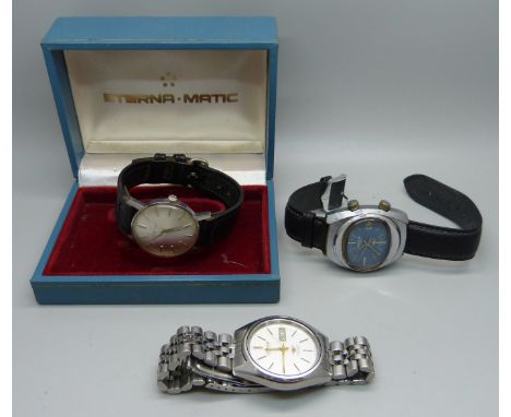 Three wristwatches, Memostar alarm watch, Citizen automatic day/date and Eterna-Matic with box 