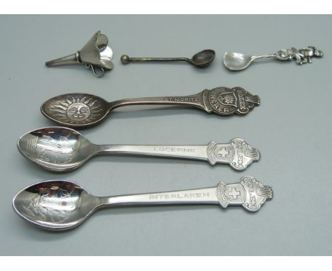 Two silver condiment spoons, a silver scent bottle funnel, marked 925 and three Rolex spoons 