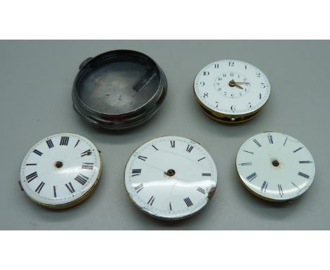 Four pocket watch movements and a silver pocket watch case, (outer case), two movements with diamond end stones 