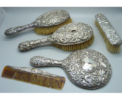 A silver backed mirror and brushes, a/f 