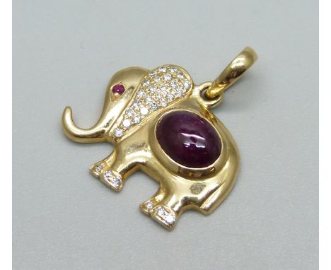 An 18ct gold, ruby and diamond elephant pendant, marked 750, 3.8g 