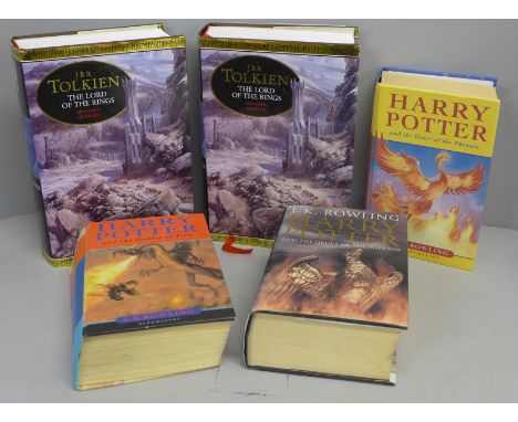 Five books; two Lord of The Rings and three Harry Potter (two First Editions, other with pages marked with highlighter pen) 