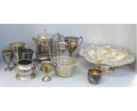 A silver plate on copper pedestal dish, water jug and other silver plated items 