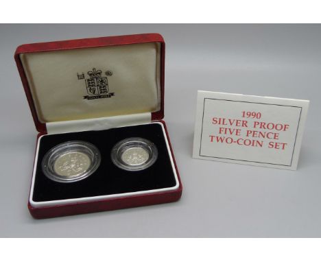 The Royal Mint, 1990 Silver Proof Five Pence Two-Coin Set 