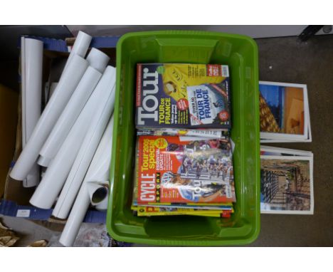 A box of cycling magazines, Tour De France, Cycle Sport, Pro Cycling and Architectural Digest magazines plus a box of fashion