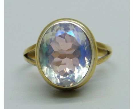 A silver gilt and mystic quartz solitaire ring, Q 