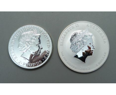 An Elizabeth II 1oz 999 silver Australia 1 dollar coin, 2013 and an Elizabeth II one ounce fine silver 2 pounds coin 