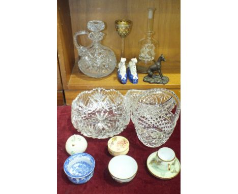 A Royal Worcester foliate-decorated blush pot and cover, a heavy cut-glass decanter, bowl, other glassware and ceramics. 