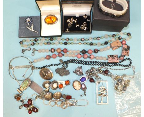 A string of hardstone and cloisonné beads, a silver Celtic cross pendant on chain, a Victorian silver brooch and other jewell