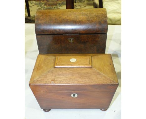 A Victorian burr walnut domed two-division tea caddy, 23cm wide and another, (2).