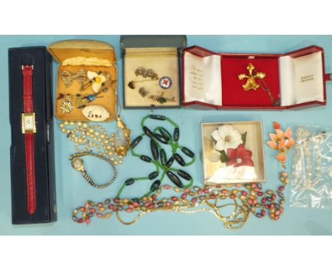 Longines, a lady's 1930's 14ct-gold-cased wrist watch on plated bracelet and a small quantity of costume jewellery. 